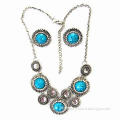 Vintage Necklace and Earrings Jewelry Set, Made of Casting Paved with Turquoise Faceted Back Beads